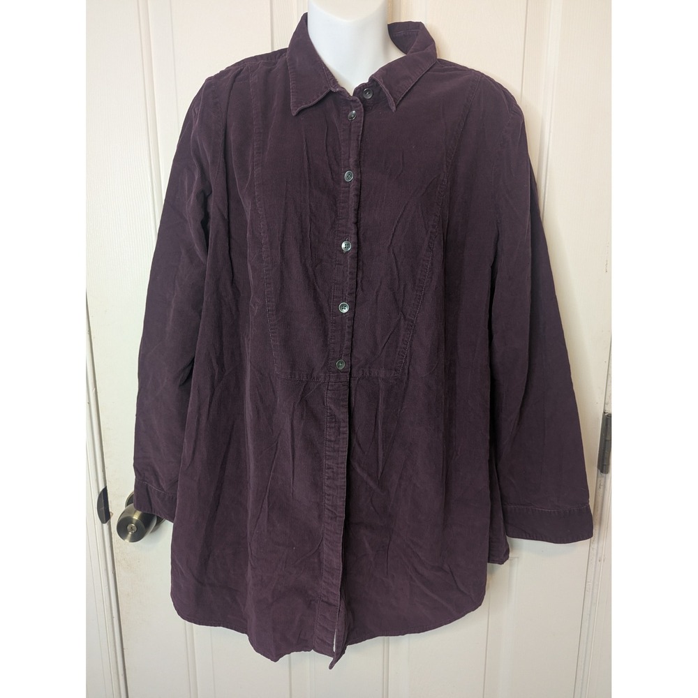 J. Jill Womens Large Purple Corduroy Button Down Tunic Shirt Long Sleeve Pleated
